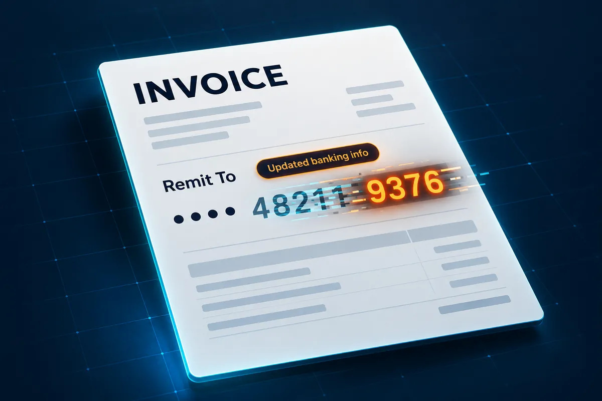 Illustration of an invoice with updated banking information appearing to glitch.